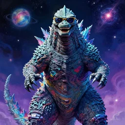 a portrait of godzilla with sunglasses by inio asano, beeple and james jean, aya takano color style, 8 k, super detailed, night sky, digital art, digital painting, celestial, majestic, colorful, front