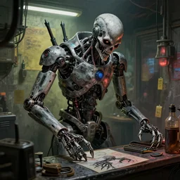 cyberpunk back - alley prosthetic dealer, sketchy, scary abomination, demon robot, 8 k, highly detailed, photorealism
