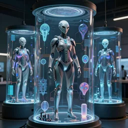 beauty cybersuits in holograms of alien artifacts, electrical case display, total recall tech, ultrarealistic, dramatic lighting, electrical details, high details, 4k, 8k, best, accurate, photorealism, ultrarealistic, digital painting, beautiful lighting