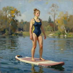 painting of a swedish women on a sup wearing a swimsuit, by bruno liljefors