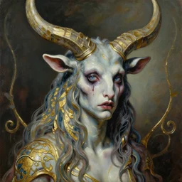 highly detailed sharp focus extremely hyperrealistic horrifying creepy 3 / 4 portrait oilpainting of minotaur lady portrait bu michael hussar in style of michael hussar and rene lalique artnouveau ceramic effect gild strips like ali franco's paintings 8 k