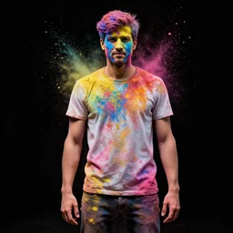 a man covered in colored powder standing in front of a black background, digital art by alberto seveso, shutterstock contest winner, action painting, behance hd, vivid colors, zbrush
