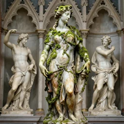 a statue of a woman covered with moss and vines, a colourful marble sculpture by michelangelo buonarroti and by gian lorenzo bernini, gothic art, marble sculpture, flemish baroque, academic art