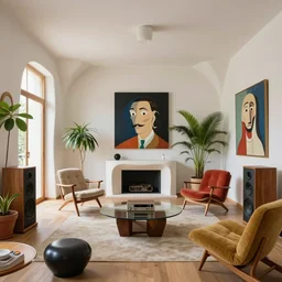 1 9 5 0 s japanese interior designed by gaudi and jeff koons, organic brutalist, zaha hadid, salvador dali, wes anderson, house plants, hi - fi stereo with speakers, modern furniture, bold modern art, mid century, minimal, parametric