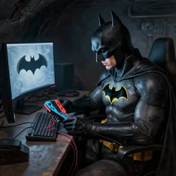 batman is sitting in the batcave next to the bat computer but he is concentrating fully on the large nintendo switch in his hands that has many wires coming out of it, artstation, hyper detailed, photorealistic, painterly
