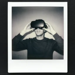 a black and white polaroid of a man using virtual reality in the 60s