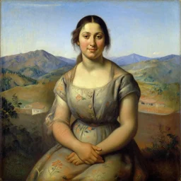 a portrait of a woman painted in chiaroscuro style. the woman in the painting is shown seated with her hands folded in her lap. she is wearing a simple dress with a pattern of flowers. her hair is pulled back from her face and she has a small, faint smile. the background of the painting is a landscape of rolling hills and mountains. the sky is a light blue, and there are small clouds in the distance.