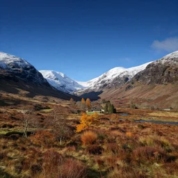 autumnal scottish valley view with snowy mountains in the background and a deep blue sky by lisa frank and tyler edlin