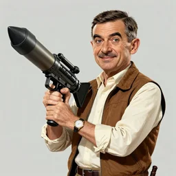 a finely detailed illustration of handsome mr bean holding a rocket launcher, artstation, 4k