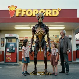 the strange creature at the fast food place, made of oil they scare my family, film still from the movie directed by denis villeneuve and david cronenberg with art direction by salvador dali and zdzisław beksinski, extreme wide shot
