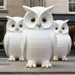 giant, 3 d white porcelain owl statues, in a 3 d street by barclay shaw and wes anderson and dr suess