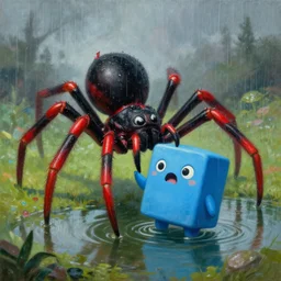 epic painting of an veal black and red spider monster attacking a cute blue cubic monster sadly defending himself in an open world pond on a rainy day, by piotr jabłonski, featured on artstation