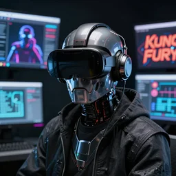 a Portrait of a hacker wearing VR goggles, by Mr Robot, by Ready Player One, by Kung Fury, computer screens in the background, dark, dramatic, realistic studio lighting, realistic reflections, 4k, professional, canon