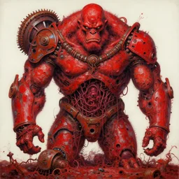 oil painted thick lined, heavy red, intricate, sentient, dethroned goliath machine, turbines, hydrocracking, rusted, macerated, eviscerated by fimbria wires, gangrene pit, fungal pit, by liam sharpe, basil gogos, alberto bontempi, shigeru komatsuzaki, wayne d barlowe, alex ross, simon