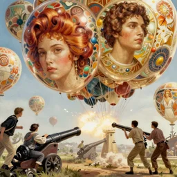 hot hair balloons having an air battle with canons, art by artgerm and greg rutkowski and alphonse mucha, concept art, octane render, unreal engine 5, highly detailed, high quality, 8 k, soft lighting, realistic face, path traced