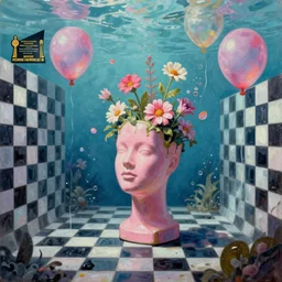 underwater geometric liminal spaces, party balloons, checkered pattern, David Friedrich, award winning masterpiece with incredible details, Zhang Kechun, a surreal vaporwave vaporwave vaporwave vaporwave vaporwave painting by Thomas Cole of an old pink mannequin head with flowers growing out, sinking underwater, highly detailed