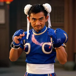 mr. bean as chun li from the streetfighter movie. movie still. cinematic lighting.