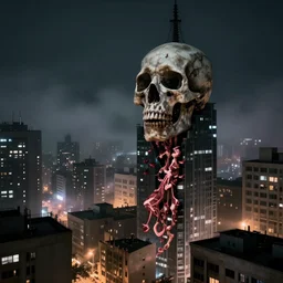 a city hewn from meat and bones, night time, foggy, eerie lighting, 4k, unreal engine, artstation, photorealistic