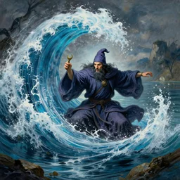 attractive male wizard casting powerful tsunami wave water spell in a beautiful lake. highly detailed painting by gaston bussiere, craig mullins, j. c. leyendecker 8 k