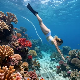jennifer lawrence diving in a coral reef, bright coral, path traced, octane render, highly detailed, high quality, digital portrait by artgerm, hd, alphonse mucha, tom bagshaw