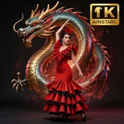 ( portrait of a dragon and a girl dressed as flamenco. ) by anato finnstark, dream, full body portrait, dynamic lighting, beautiful, trending on artstation, wallpaper, 4 k, award winning, digital art, very detailed faces
