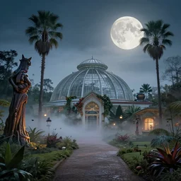 mystical kew gardens, mist, full moon, solarpunk, dali, by paul lehr