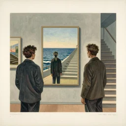lithograph printed in 1956. It depicts a man in a gallery viewing a print of a seascape. The man\'s reflection is seen in the print, and the reflection shows the man walking down a staircase. The staircases in the print appear to be infinite.