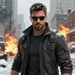 portrait of an agent from (Tom Clancy's The Division), (snowy new york in background), fires in background, high detail, digital art, matte painting, trending on artstation, by Tom Garden, by Marek Okon, by Abrar Khan
