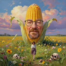 giant corn flower head, girl walking in a decaying walter white themed flower field, surreal photography, dead body, dramatic light, impressionist painting, colorful clouds, digital painting, walter white, uncanny valley