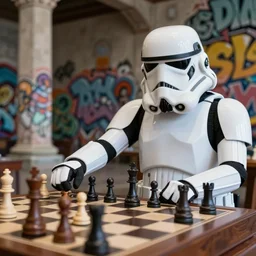 An Imperial Stormtrooper playing chess and losing in a temple, Grafitti art