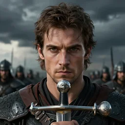 close up of a man with brown hair and hazel eyes eyes standing with his sword drawn before an approaching army, dark clouds, trending on Artstation