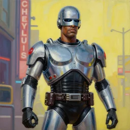 epic painting of Cyberpunk Eddie Murphy as Beverly Hills Robocop, soft details, extremely detailed and coherent, matte painting oil on canvas by mark arian by artgerm, 4k, 8k, HD, trending on artstation