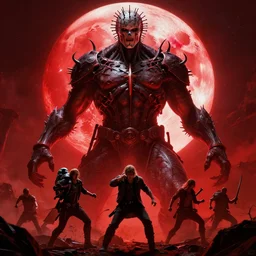 giant grotesque full body movie poster of epic battle concept art of state of decay 3 in hellraiser world, artgerm, unreal engine 5, raytracing, greg rutkowski, lee bermejo, dramatic cinematic lighting, vivid color scheme, red giant moon
