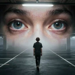 jonny greenwood radiohead guitarist, walking in liminal space interior parking lot, misty, liminal, fluorescent, award - winning photograph, landscape, high detail, hd eyes reflecting into eyes reflecting into infinity, dramatic lighting, ultrafine detail, round black eye pupils, chiaroscuro, private press, associated press photo, angelic photograph, masterpiece