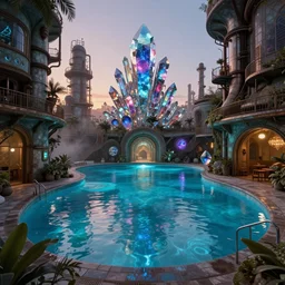 a beautiful ultradetailed highly detailed industrial architecture nature swimming pool urbex by pierre de meuron, otherworldly retro crystal nature galactic at dawn bioshock hyperrealism dieselpunk at night san andreas sea thermal imaging water gem elysian landscape, archdaily, wallpaper, highly detailed, trending on artstation.