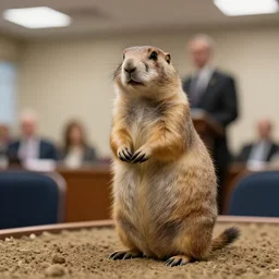 a prairie dog in a press confenrece room, giving a presidential speech