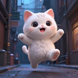 hyper detailed concept art of a cute flooffy 3d catman jumping on a dark city alley sharp cinematic lighting 8k low angle shallow depth of field
