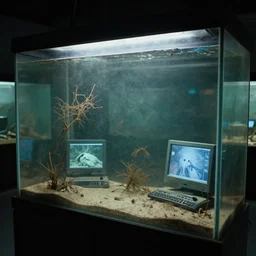 spooky creepy liminal space, display case, aquatic exhibition science museum, dusty dried cracked aquarium, computer screens, photo taken on fujifilm superia