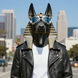 a portrait of a statue of the Egyptian god Anubis wearing aviator goggles, white t-shirt and leather jacket. The city of Los Angeles is in the background. hi-res dslr photograph