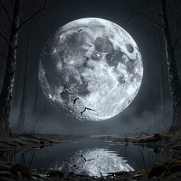 a detailed RPG portrait of a broken silver moon floating over a reflective pond in a barren forest by escume, night, mist, octane render, deviantart
