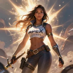 Kendra Wilkinson  as an Apex Legends character digital illustration portrait design by, Mark Brooks and Brad Kunkle detailed, gorgeous lighting, wide angle action dynamic portrait