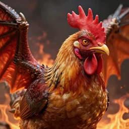 a closeup photorealistic photograph of a chicken dragon from hell. professional capture, well lit shot. 4 k hd. fire and flames. trending on artstation, featured on behance, well - rendered, extra crisp, features intricate detail, epic composition and the style of unreal engine.