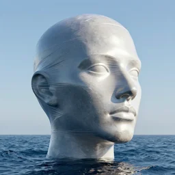 a giant head wrapped in plastic wrap modern sculpture on the ocean water, cg render, ray tracing, 8 k resolution, sharp