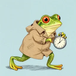 An anthropomorphic frog pulling a stopwatch from his trench coat, illustration, art by Arnold Lobel