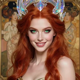 amazing digital art of cute gorgeous beautiful red haired smirking super model human - alien hybrid woman as futuristic aphrodite greek goddess wearing a holographic headdress, beautiful piercing gaze with green eyes and sharp pupils, sexy, full view, in the style of greg rutkowski and wlop, artgerm, alex ross, mucha, fantasy, amazing detail, epic, elegant, smooth, sharp focus, front view