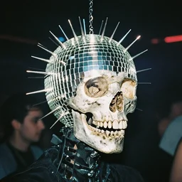 a disco skull full of long spikes, reflecting light in a nightclub, grainy film photograph