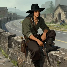 medieval young male thief sitting on a wall by the road, smiling, long black hair, black hat and olive shirt by stanley artgerm lau, wlop, rossdraws, frank frazetta, andrei riabovitchev, marc simonetti, tranding on artstation
