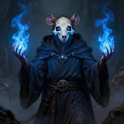 portrait of a humanoid rat sorcerer with a rat skull for a head and holding a blue flame in each bony hand, laser eyes, dark hooded sorcerer robes, fantasy, d & d, greg rutkowski, frank frazetta, intricately detailed, impressive lighting, misty environment, power stance, ultimate power, doom, 8 k hdr