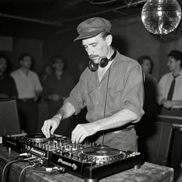 old photo of a coal miner as a dj on a disco floor