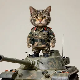 Portrait face fuzzy eyes snout ears furry ripped physique kitty cat general camouflaged as a kitty cat man wearing a military officer uniform standing atop a panzer tank charlie bowater elina brotherus greg rutkowski Dan Witz paul klee jamie wyeth victo ngai